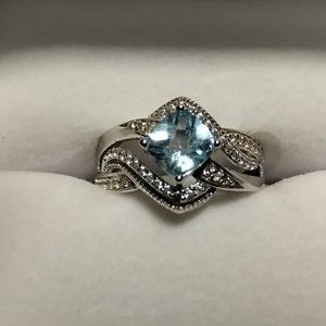 1.5+ Carat Swiss Blue Topaz Cushion Cut Designer Ring